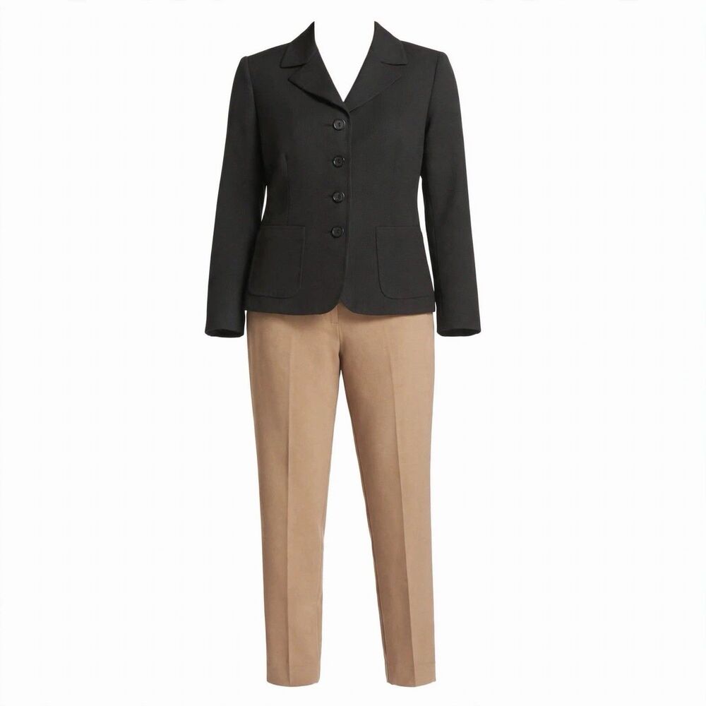 Le Suit 14P Black Tan 2Pc Pant Suit Set Petite Work Formal Office